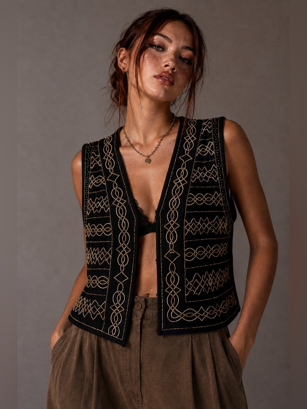 Vintage Anne Klein II Beaded Wool Vest Medium Black Gold Silver 80s 90s